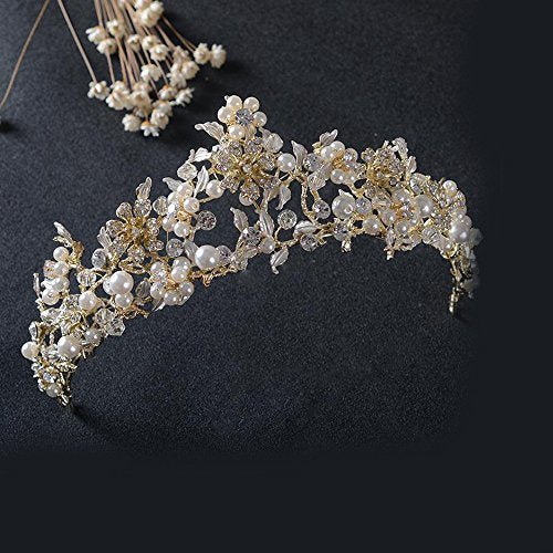 Vintage Gold Flower Bead Bridal Wedding Tiara Headband for Women