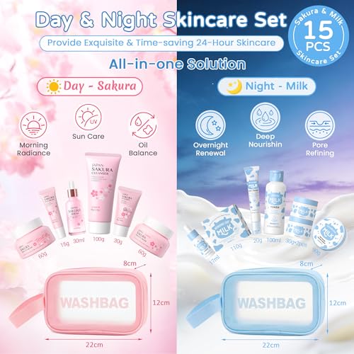Sakura & Milk Skincare Set for Teens & Kids, 15 PCS Complete Day & Night Face Routine Kit for Girls & Office Worker, Hydrating, Shrink Pores, Perfect Gift Set for Self Care, Birthday, Party