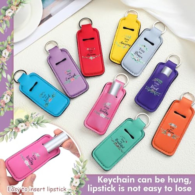 Ctosree 40 Pcs Lipstick Holder Keychain Gifts Bulk Inspirational Theme Thank You Lip Balm Holder with Portable Clip on Lip Gloss Sleeve Pouch Pocket for Employee(Multicolor)