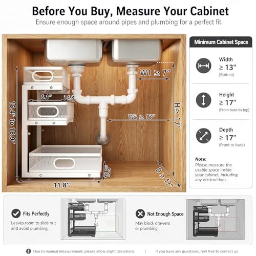 GUUKAR White 3-Tier Under Sink Organizer with Adjustable Height – Metal Storage Rack
