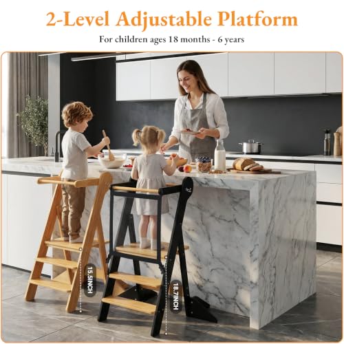 Foldable Toddler Standing Tower Kitchen Step Stool Charcoal & Natural