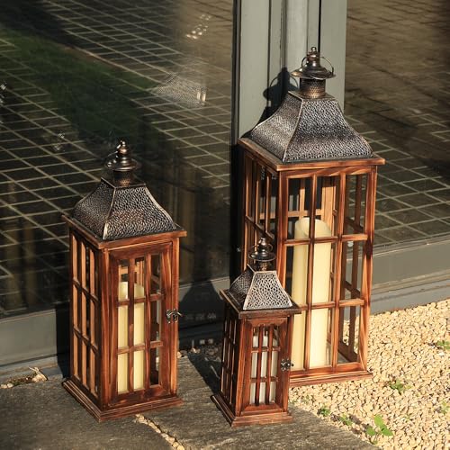 Rustic Farmhouse Wooden Metal Lantern Set of 3 - 27, 22 & 15 Inches - Brown