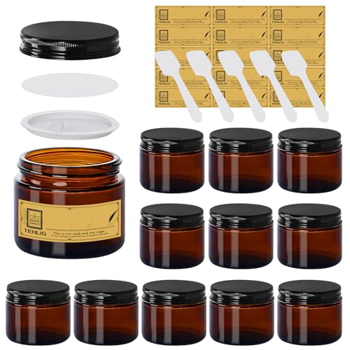 2 oz Amber Glass Cosmetic Jars with Black Metal Lids & Liners - Refillable, Airtight, Travel-Ready Set of 12