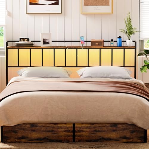 King Headboard with LED Lights and USB Outlets - Rustic Brown, Adjustable Height