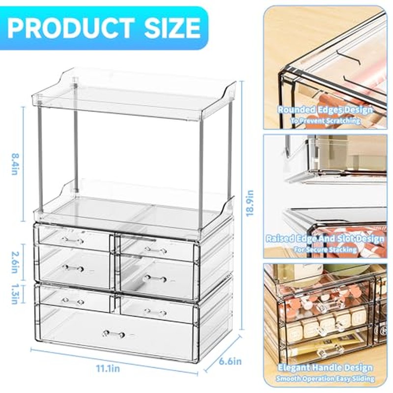 3 Pack Bathroom Organizers and Storage Countertop With 7 Drawers,Stackable Vanity Top Organizer,18.9" Tall Large Capacity Skin Care Organizer and Exquisite Makeup Storage for Beauty Products,Clear