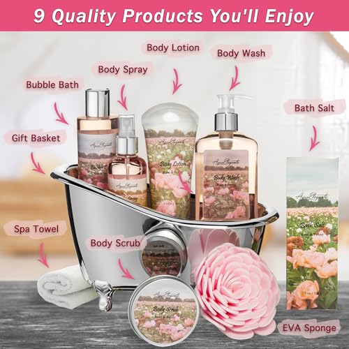 Spa Gift Baskets For Women - Luxury Bath Set With Rose Oil & Peony - Spa Kit Includes Body Wash, Bubble Bath, Lotion, Bath Salts, Body Scrub, Body Spray, Shower Puff, and Towel