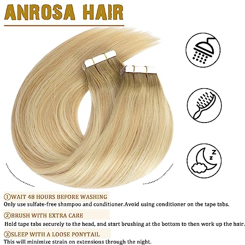Anrosa Blonde Tape-In Human Hair Extensions Seamless 14 Inch - Light Brown to Platinum Blonde