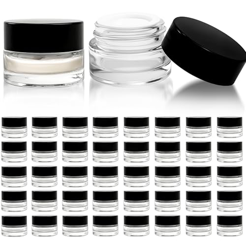 90 Pack 5ml Small Clear Jars with Black Lids, Empty Glass Cosmetic Containers with Liners Round Bulk Airtight Cream Bottle for Beauty Product Samples, Travel, Storing Lotions, Essences