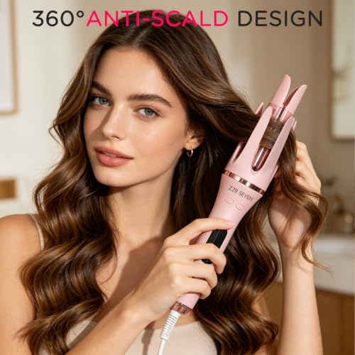 ZZR SEVEN Pink 166 Automatic Curling Iron with Tourmaline Ceramic Coating - Easy 2-Way Rotation for Long-Lasting Beach Waves
