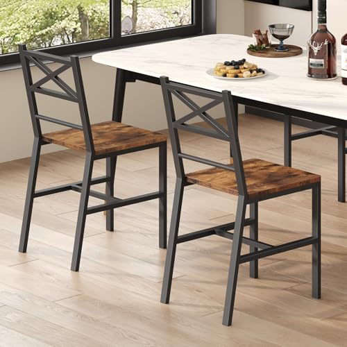 Rustic Brown Dining Chair Set of 2 - Farmhouse Kitchen Chairs with Metal Frame