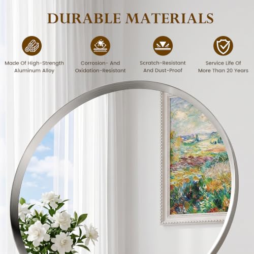 30 Inch Brushed Nickel Round Wall Mirror - Beveled Edges, Shatter-Resistant Glass - Variation: Brushed Nickel / 30"L x 30"W