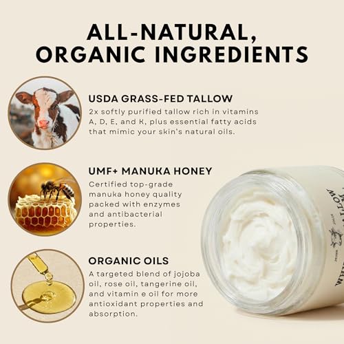 Whipped Grass-Fed Tallow Balm & Manuka Honey For Skin Face Body - Organic Jojoba & All-Natural Moisturizing Cream for Nourished, Soft Skin - Handmade All-Natural Moisturizer (2 Oz, Pink Grapefruit)