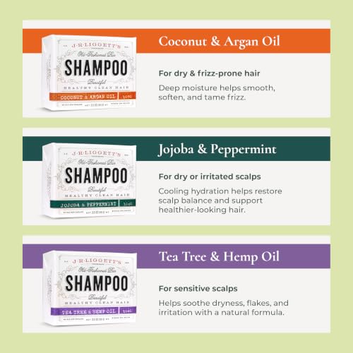 J.R.LIGGETT'S All-Natural Shampoo Bar 3-Pack - Tea Tree & Hemp, Jojoba & Peppermint, Coconut & Argan Oil
