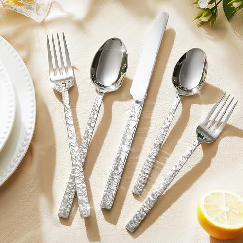 Kingstone Silver 40-Piece Hammered Flatware Set for 8, 18/10 Stainless Steel