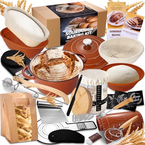 Sourdough Starter Kit with Enamel Pot - Complete Bread Baking Supplies, Proofing Baskets & Starter Jar - Variation of THIS listing