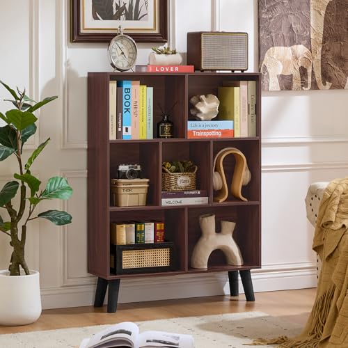 Walnut Cube Bookshelf with Legs - Mid-Century Modern 7 Cube Storage
