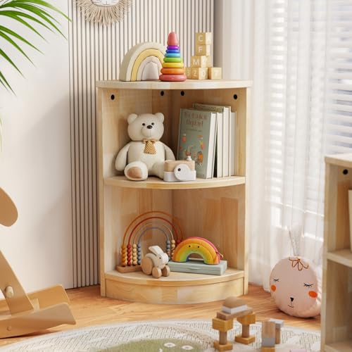Kids Corner Storage Cabinet - 2-Tier Montessori Toy & Book Organizer - Rubber Wood, Playroom & Nursery