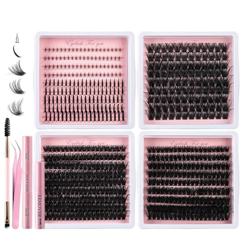 5 Styles Lash Clusters Kit, Mega/Volume/Full/Spike/Bottom Lashes Set, with Lash Bond&Seal, Remover, Tweezers & Tools, DIY Eyelash Extensions for Beginners & Pros, At-Home Salon Look