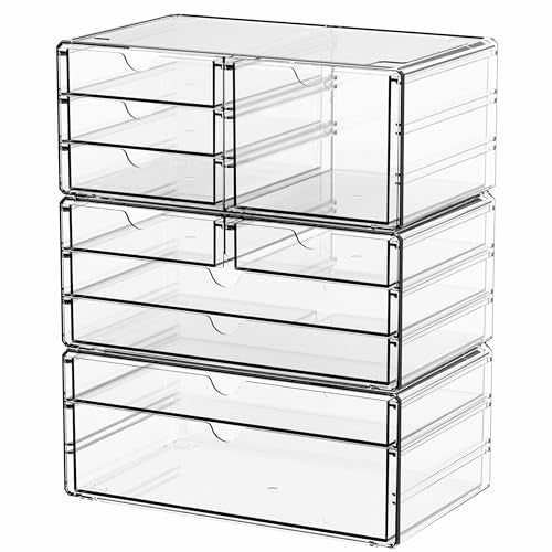 Yieach 3 Pack Clear Storage Drawers With 10 Drawers,Stackable 11.1¡± Large Acrylic Drawer Organizer and Makeup Organizer For Vanity,Bathroom Countertop,Cabinet,Pantry,Office Supply Storage Bins Drawers