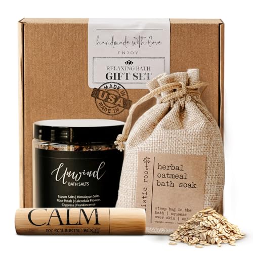 Relaxing Bath Gift Set for Women with Epsom Salts, Lavender Oatmeal & Essential Oil Roller