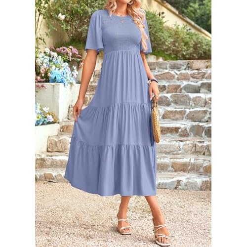 KIRUNDO Summer Dresses for Women 2026 Spring Casual Flutter Short Sleeve Wedding Guest Smocked Flowy Tiered Aline Midi Dress