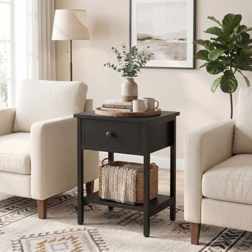 Nightstands Set of 2 with Drawers & Storage Shelves - Black, Modern Bedside Table