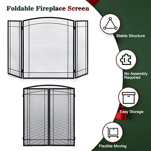 Modern Black 3-Panel Fireplace Screen 48x29in Foldable Heavy Duty Metal Mesh