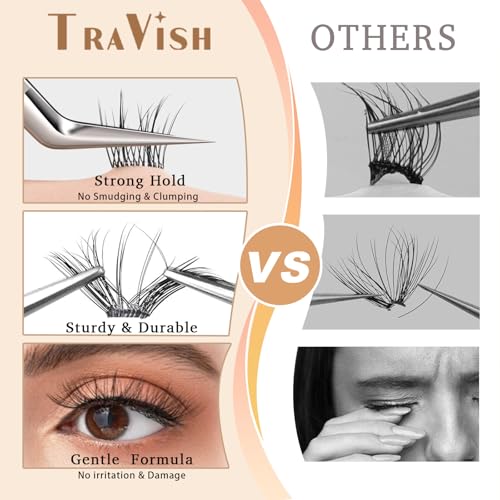 Travish Self Adhesive Eyelashes 10-14mm 80pcs D Curl No Glue Lashes Extensions Kit with Tweezers Press on Lashes No Glue Lash Clusters Natural Look Self Adhesive Lash Clusters