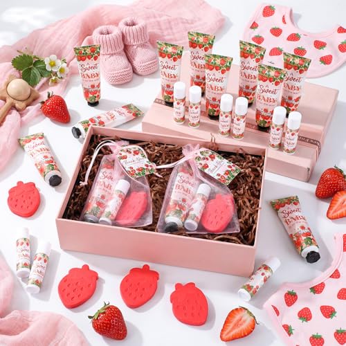 Loopeer 30 Set/150 Pcs Strawberry Baby Shower Favors for Guests Gifts Hand Cream Lip Balm Soap Party Favors Gifts Travel Size with Organza Bags, Thanks You Card for Baby Shower Birthday Wedding