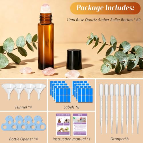 Amber Rose Quartz 10ml Essential Oil Roller Bottles, 60 Pack – Leakproof