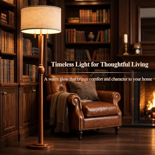 Solid Oak Wood Floor Lamp with Sphere Detail & Wooden Pull Chains - Amber Walnut