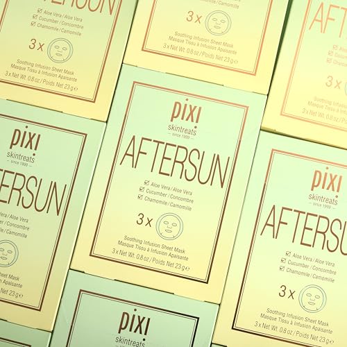 Pixi Beauty Aftersun Sheet Mask, Instant Calming & Soothing Skin Treatment, Aloe Vera, Cucumber & Chamomile Cooling Mask, 3 Masks Per Box 3 x 0.80 oz / 23 gm