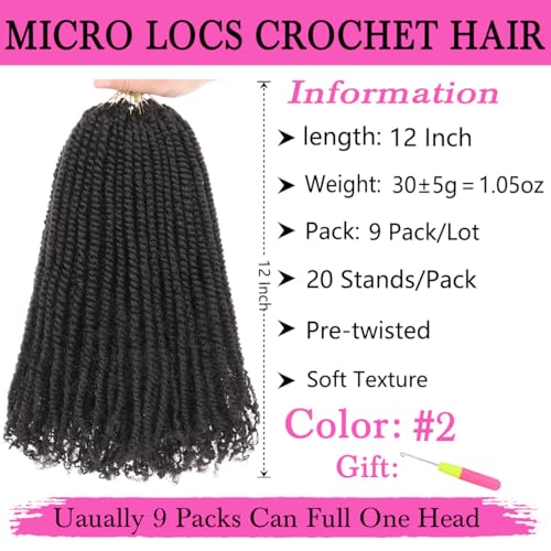 Pre-Twisted Micro Locs Crochet Hair Extensions - 12 Inch, 9 Packs, 2#