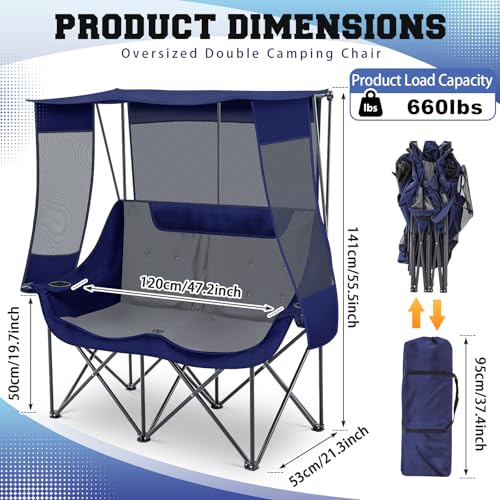 Teenyyou Double Camping Chair with Canopy - Blue & Grey Heavy Duty Support 660lbs