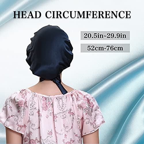 Silk Bonnet for Sleeping 100% Mulberry Silk Sleep Cap for Women Hair Care Night Cap with Adjustable Ribbons(Medim, Navy Blue)