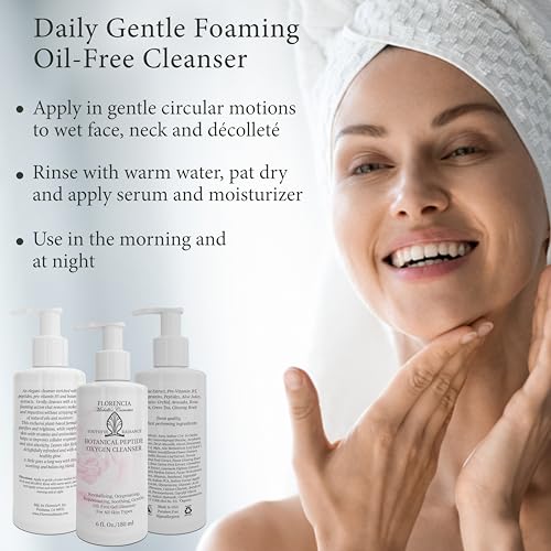 Florencia Botanical Peptide Oxygen Cleanser - Oil-Free Daily Foaming Gel Face Wash for Dry, Oily, or Sensitive Skin - With Peptides, Botanicals, Glycoproteins - Revitalizing Cleanser, 6 oz