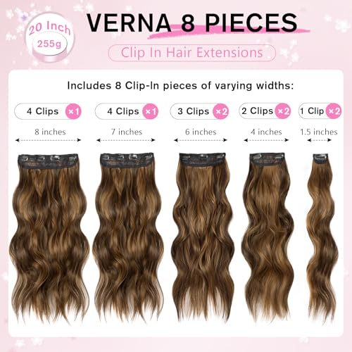 Clip-In Hair Extensions 8PCS 20 Inch Wavy Dark Brown & Light Brown Mix - Synthetic Lace Weft for Women