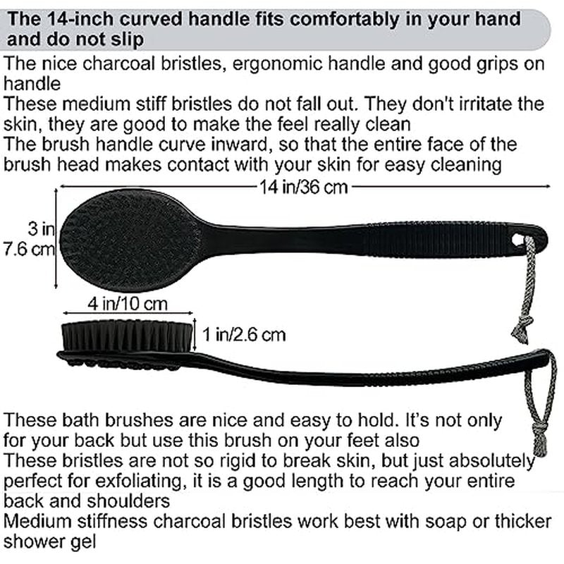 Back Bath Brush - Curved Long Handle Shower Brush with Medium Stiff Charcoal Bristles for Cleaning and Exfoliating Body, Back Scrubber for Men & Women (Black 2 Pack)