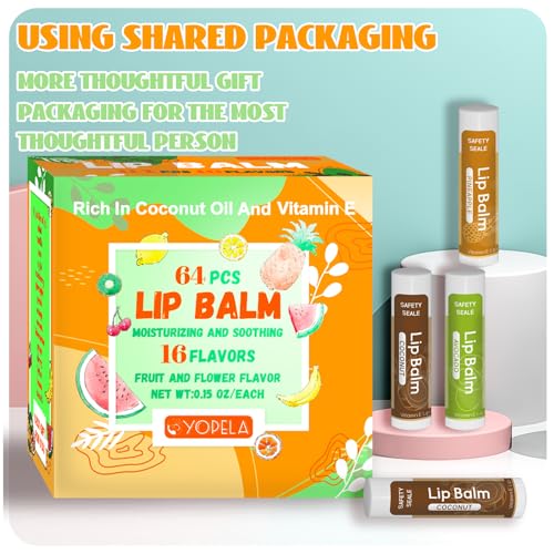 64 Pack Natural Lip Balm Set with Vitamin E & Coconut Oil - 16 Flavors, Mini Chap Sticks for Kids & Adults - Non-GMO