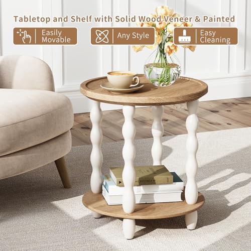 Karlott Beige Round 2-Tier Farmhouse End Table – Living Room Nightstand
