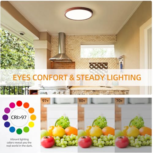 HEYAN 16-Inch Walnut Wood Flush Mount Ceiling Light Fixture 2 Pack with Adjustable Color Temperature