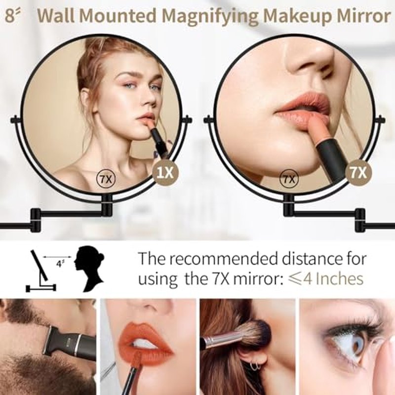 8¡± Wall Mounted Magnifying Makeup Mirror 1X/7X Wall Mount Mirror Swing Arm Two-Sided 360¡Æ Swivel Bathroom Shaving Mirror for Men and Women in Hotel/Home, Black