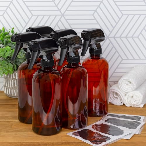16oz Amber Plastic Spray Bottles with Heavy Duty Mist & Stream Sprayers - Pack of 6 - Chalkboard Labels Included