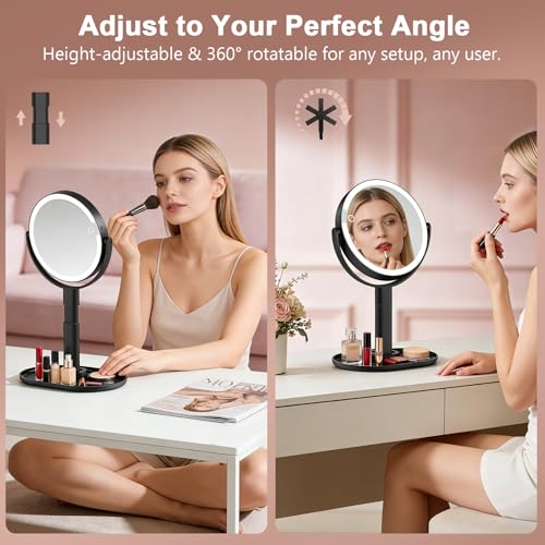 Lighted Makeup Mirror with 10X Magnification, Rechargeable LED Magnifying Vanity Mirror with 3 Lights, Adjustable Height, Storage Base and Phone Holder, Gifts for Women, Black, 7 inch