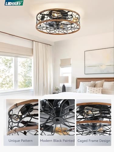 LEDIARY Walnut and Black Caged Ceiling Fan with Light - Flush Mount with Remote - Medium Variation