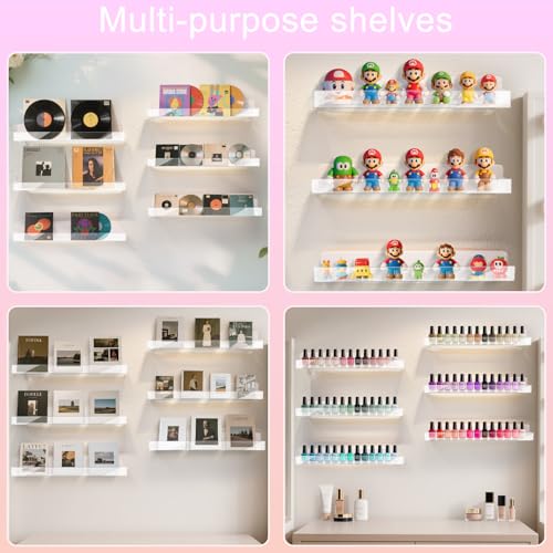 Clear Wall Mounted Acrylic Nail Polish Organizer Rack - 12 Pack, 15 Inch Multi-Purpose Shelf with Removable Ends