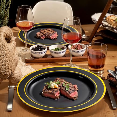 bUCLA Black & Gold Disposable Dinnerware Set 600pcs - Elegant Party Plates & Cutlery