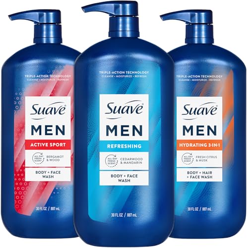 Suave Men Body & Hair Care 3-Pack – Hydrating 3-in-1, Sport & Refreshing Wash