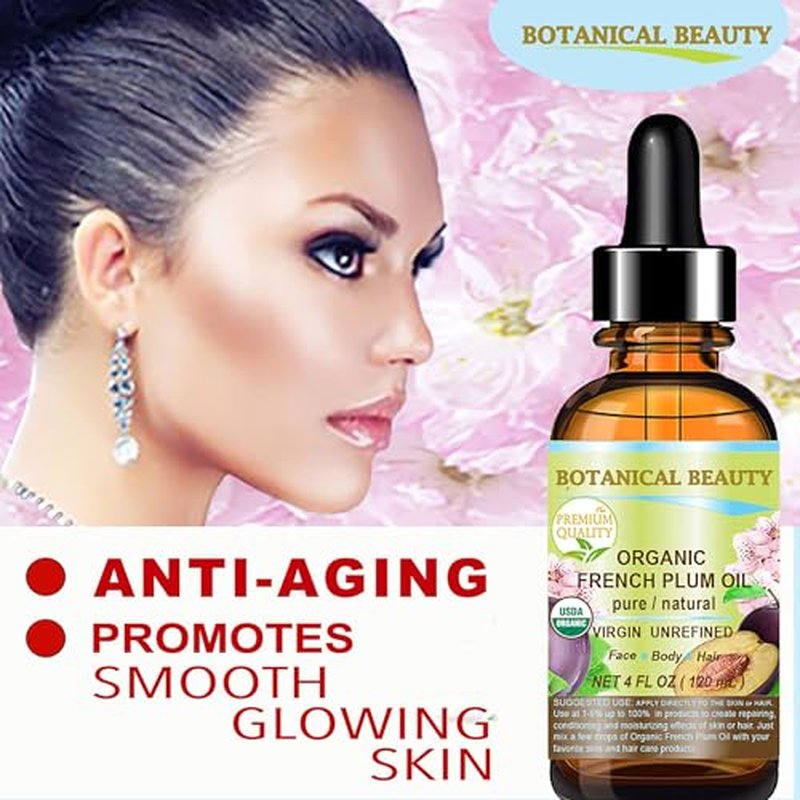 Botanical Beauty Organic French PLUM OIL 100% Pure Natural VIRGIN UNREFINED Cold-Pressed Carrier Oil for Face, Skin, Body, Hair, Lip, Nails. Rich in Vitamin E, Omega 6, Omega 9 (4 Fl Oz)