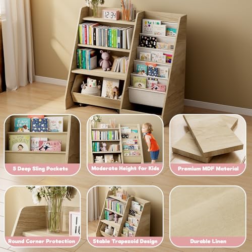 COZPAW Kids Bookshelf & Toy Storage Medium Oak 4-Tier Toddler Organizer